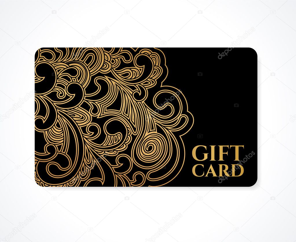 Gift card (discount card, business card, Gift coupon, calling card) with gold floral (scroll), swirl pattern (tracery). Black background design for calling card, voucher, invitation, ticket. Vector