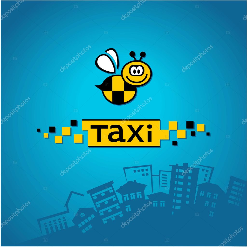 Taxi with bee logo on the background of the city skyline