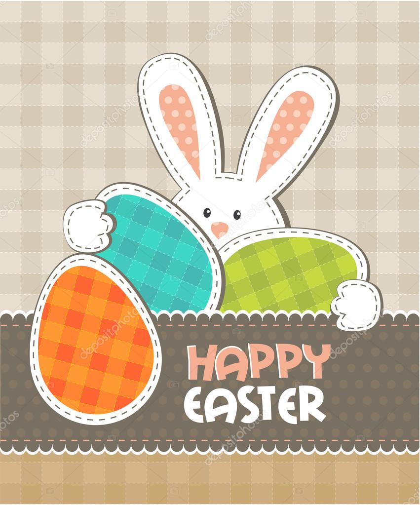 Greeting card. Easter bunny with colored eggs