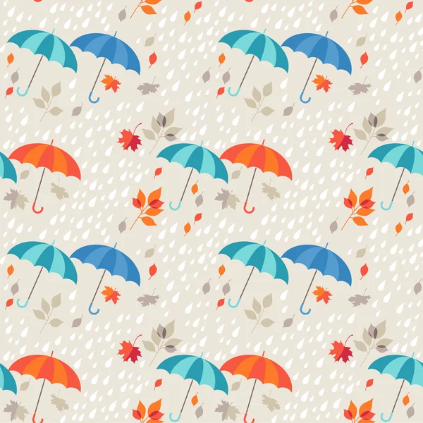 Fond sans couture pluie d'automne, parapluies et chute de feuilles — Image vectorielle