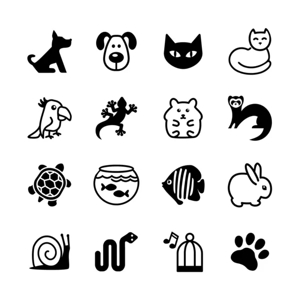 Conjunto de 16 iconos web. Tienda de mascotas, tipos de mascotas . — Archivo Imágenes Vectoriales