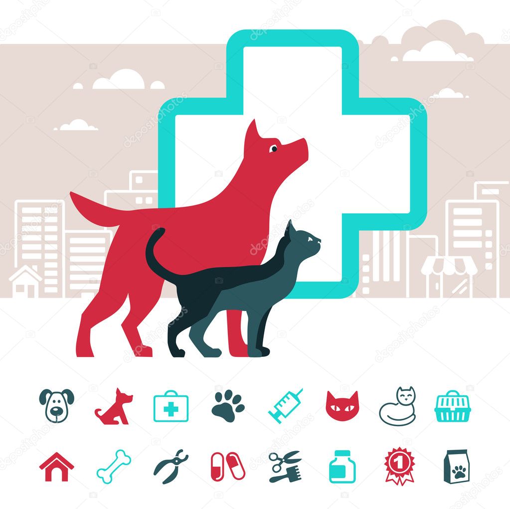 Vector veterinary emblem and pets icon set