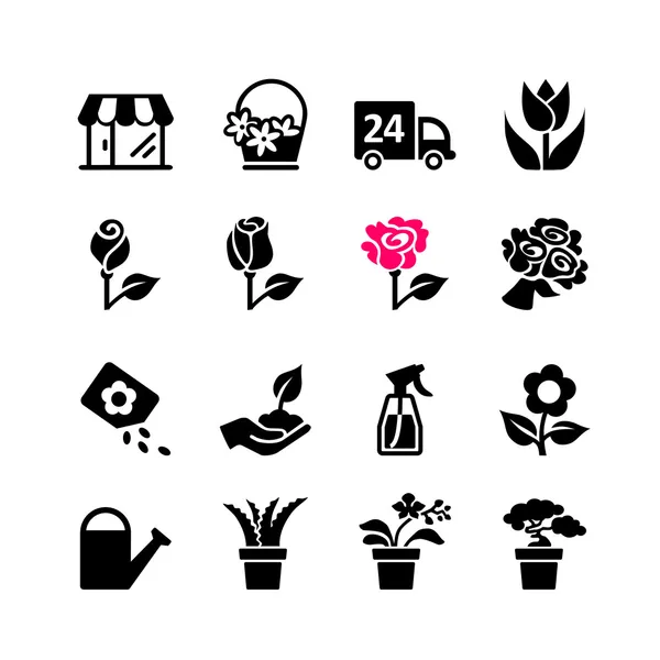 Web-Icon-Set - Blumengeschäft, Blumenladen, Bouquet, Topf — Stockvektor