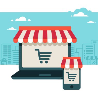 çizgi mağaza. Satılık, dizüstü bilgisayar ve tente ile akıllı telefon