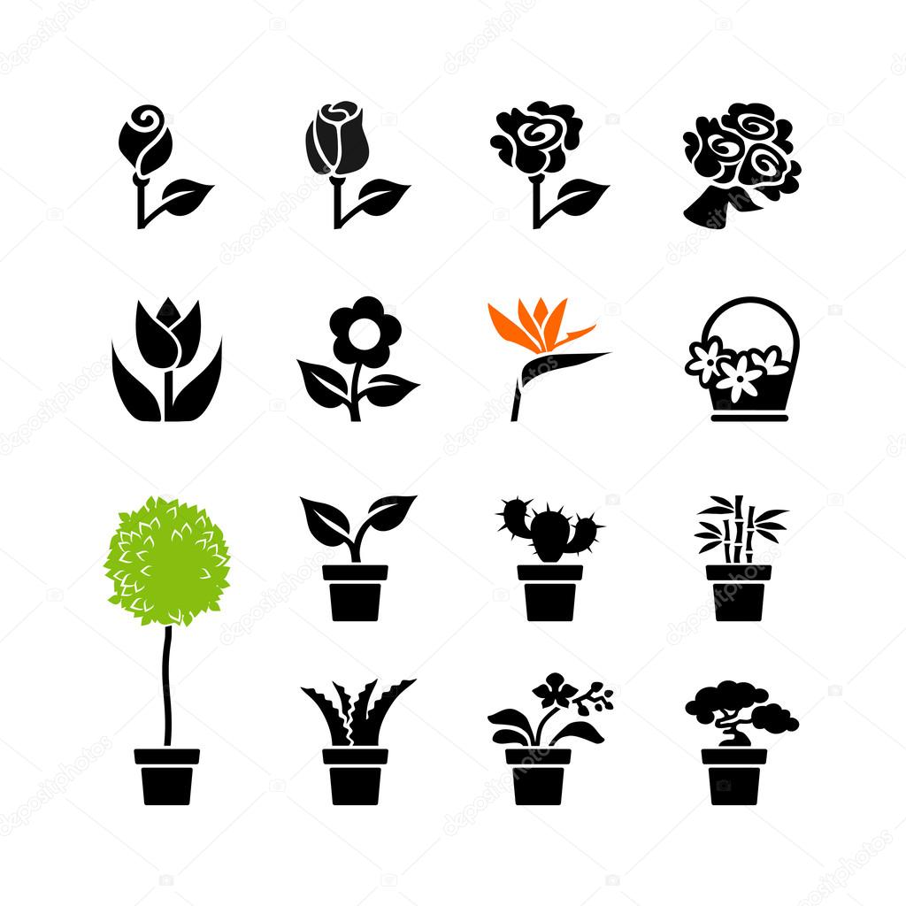 Web icon set -flowers and potted plants in pots