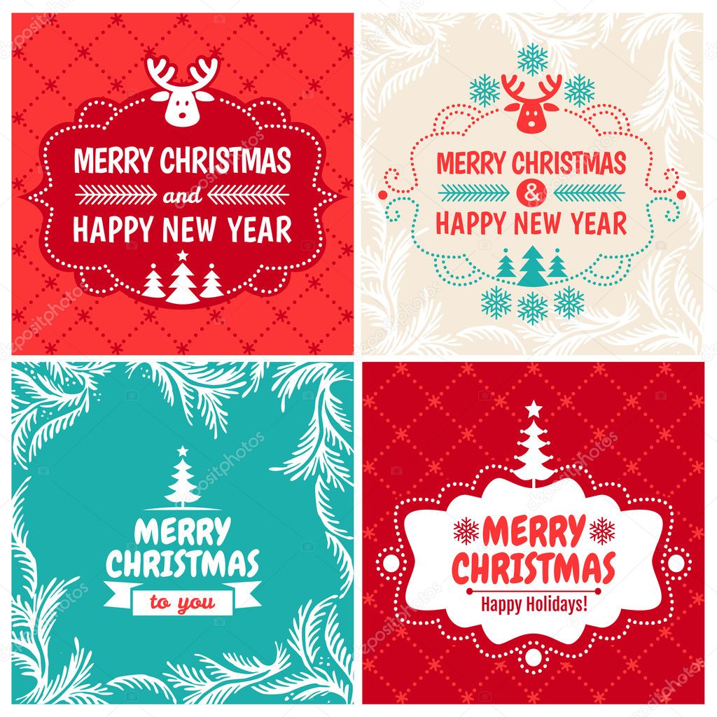 4 Vintage styled Christmas Card - Set of typographic elements, frames, vintage labels