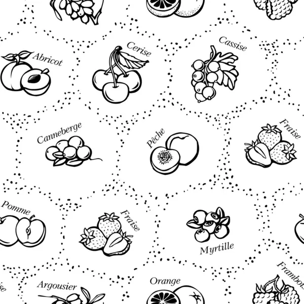 Textura perfecta - dibujos de frutas y bayas con nombres en francés — Archivo Imágenes Vectoriales