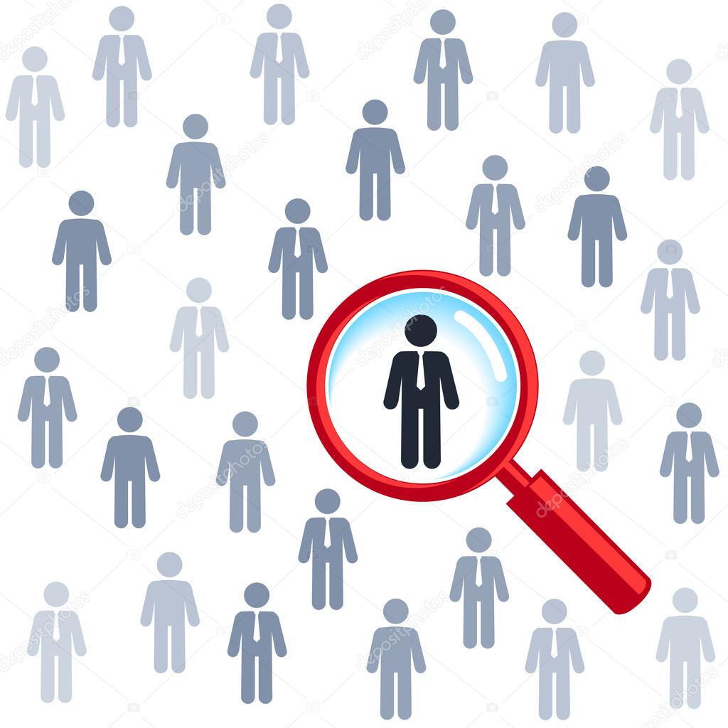 Job search and career choice, magnifying glass searching people