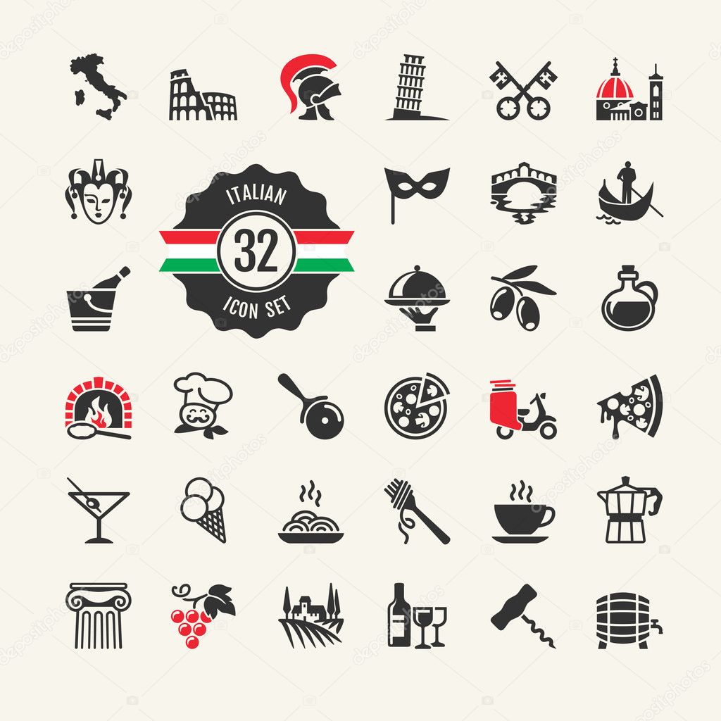 Travel - web icon set. Attractions, food and culture of Italy.