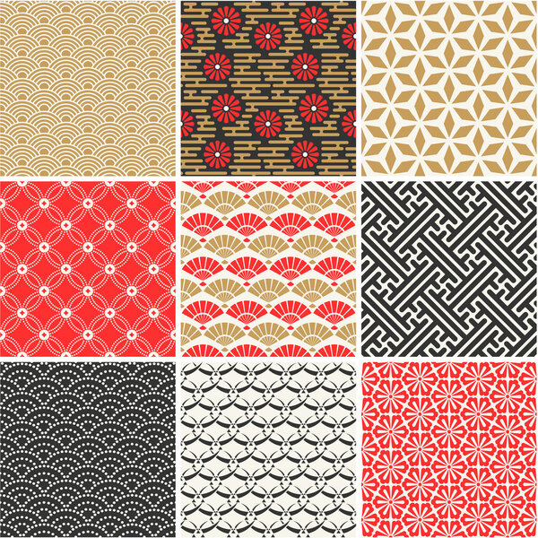 Japanese vector seamless patterns set