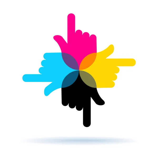 Four hands with pointing finger, vector symbol CMYK colors — Stock Vector