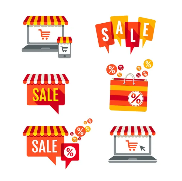 Sale tags, Laptop with awning and shopping bag icons set Stock Vector