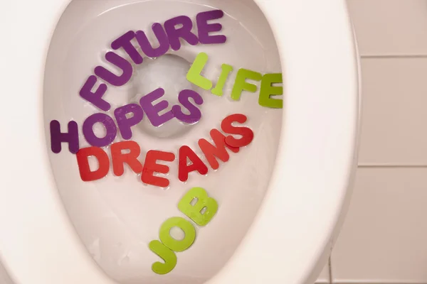 Bathroom toilet with the inscriptions future, hopes, dreams, life and job — Stock Photo, Image
