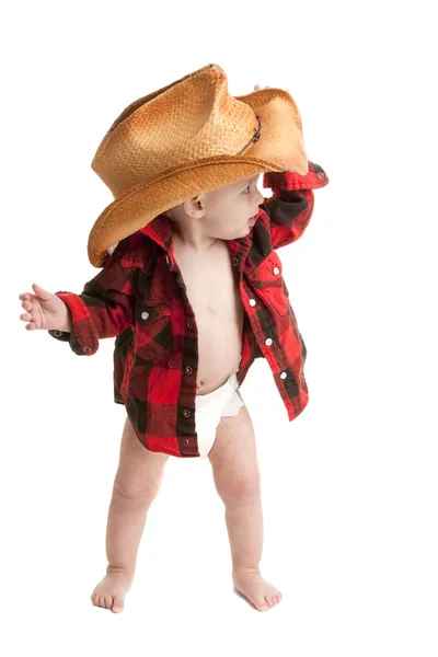 Menino de fralda, camisa de flanela e chapéu de cowboy — Fotografia de Stock