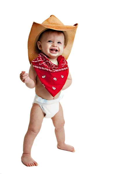 Toddler boy in a diaper, red bandana and a cowboy hat. — Stock Photo, Image