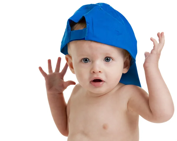 Verrast babyjongen in de blauwe bal met het GLB — Stockfoto