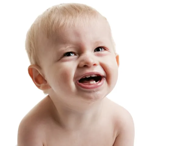 Close up of a happy caucasian baby boy smiling and showing his new teeth — Stock Photo, Image