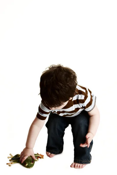Cute boy playing with plastic frog toy — Stock Photo, Image