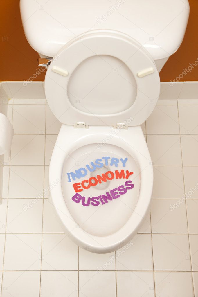 Bathroom toilet with the inscriptions industry, economy and business