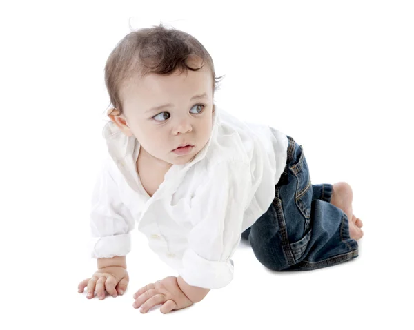 Caucasião menino rastejando em jeans jeans — Fotografia de Stock