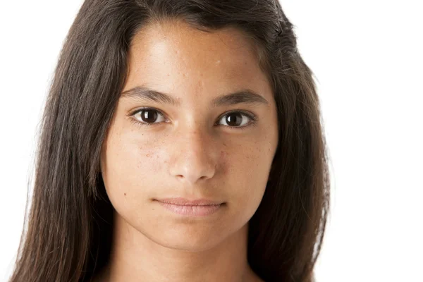 Hispanic teen girl has a slight smile on her face — Stock Photo, Image