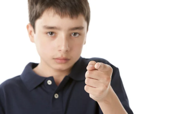 Genç çocuk onun parmak işaret — Stok fotoğraf