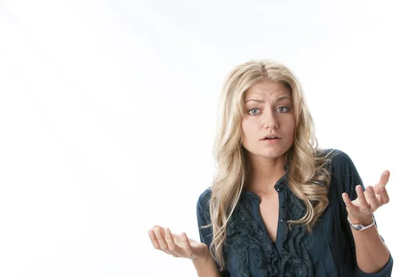 Headshot of caucasian young woman with questioning expression — Stock Photo, Image