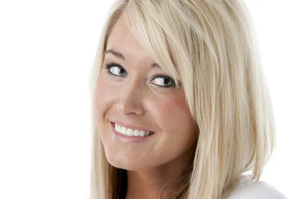 Closeup headshot χαμογελαστό καυκάσιος νεαρής γυναίκας — Φωτογραφία Αρχείου