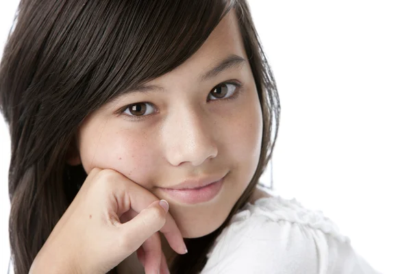 Close up headshot of thoughtful smiling asian teenage girl — Stock Photo, Image