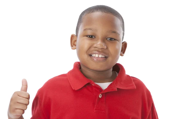 Headshot van Afro-Amerikaanse jongen zijn duimschroef opwaarts goedkeuring signaal geven — Stockfoto