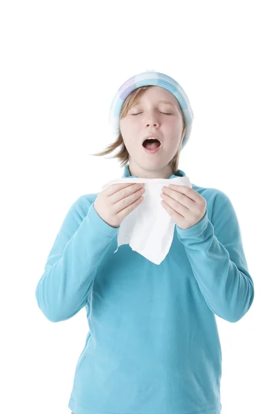 Imagem de menina espirrando com um resfriado e gripe — Fotografia de Stock