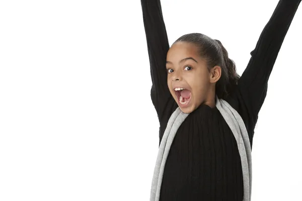Cintura para cima imagem de menina americana africana pulando com alegria e emoção — Fotografia de Stock