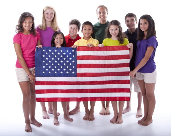 Children of different ethnicities holding an american flag Stock Picture