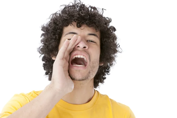 Image of mixed race man cheering or yelling Stock Picture