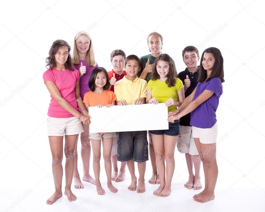 Children and teens holding blank sign with thumbs up