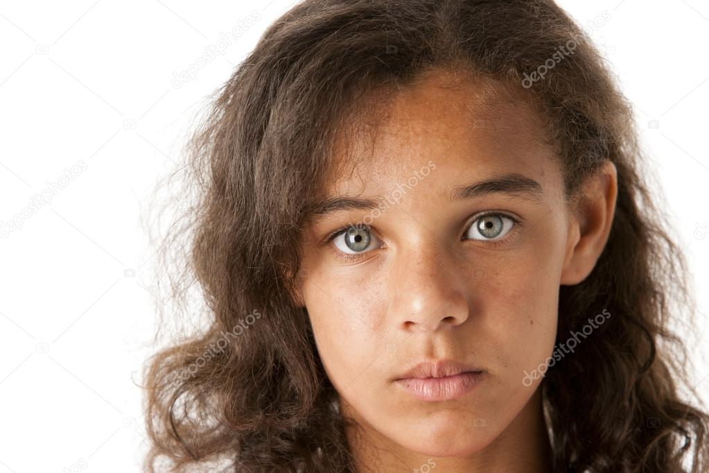 Headshot of serious mixed race girl
