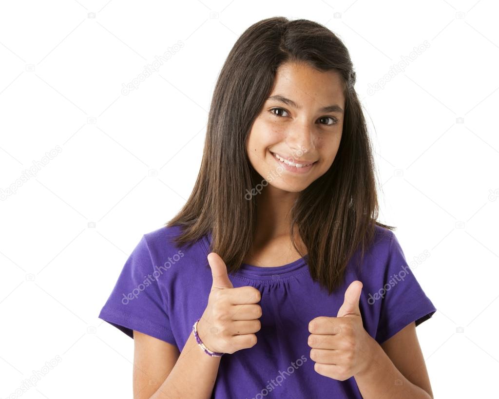 Hispanic teen girl gives thumbs up