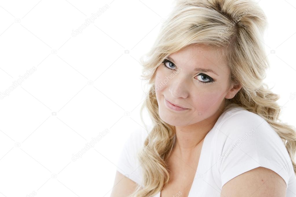 Smiling blonde woman with blond hair and blue eyes