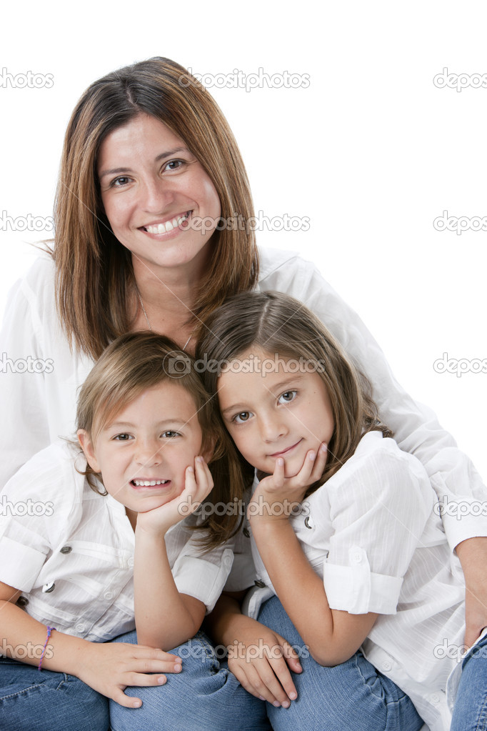 Image of smiling hispanic mother and daughters