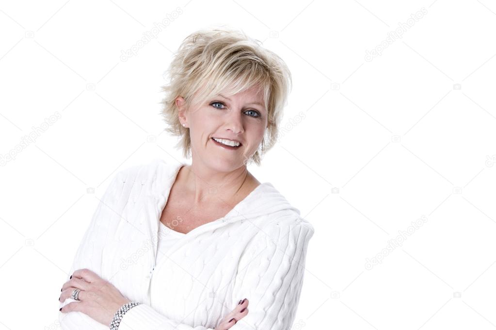 Smiling caucasian mid adult woman with crossed arms