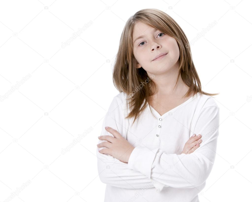 Image of caucasian little girl with crossed arms