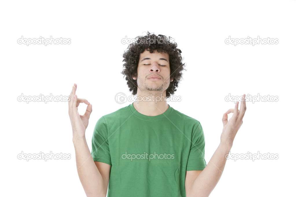 Image of mixed race young man meditating and relaxing