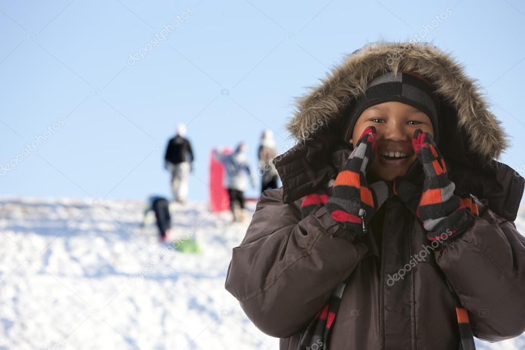 African american little boy yelling outdoors