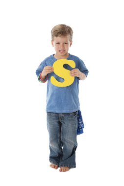 Human Alphabet. Caucasian little boy holds Letter S clipart