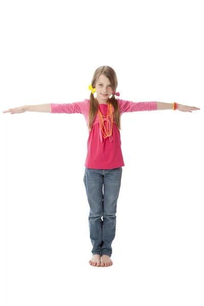 Human Alphabet. Girl shows letter T — Stock Photo, Image