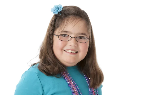 Caucasian little girl wearing glasses and vibrant colorful clothes and accessories. — Stock Photo, Image