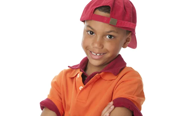 Mixed race caucasian little real boy wearing vibrant colorful clothes and cap — Stock Photo, Image