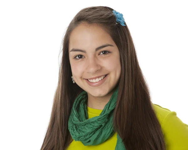 Real. Hispanic teenage girl wearing vibrant colorful clothes and scarf — Stock Photo, Image