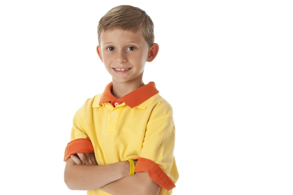 A sério. Sorrindo menino caucasiano — Fotografia de Stock