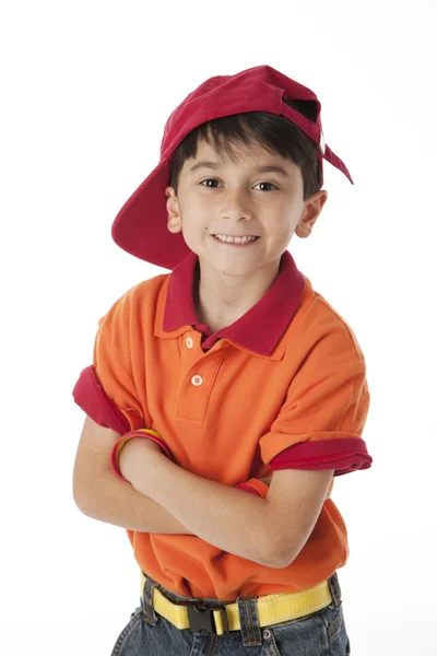 A sério. Sorrindo menino caucasiano — Fotografia de Stock